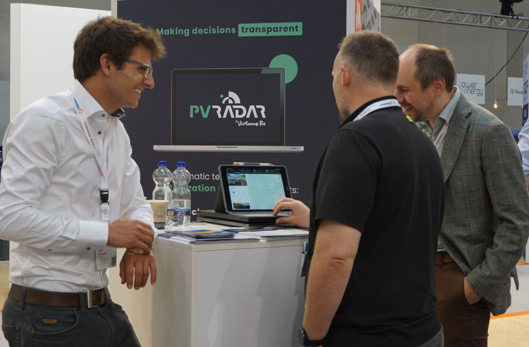 PVRADAR’s co-founders Thore Müller (left) and Konstantin Pogorelov (right) reviewing SOLMAX’s Sales Platform with Douglas Sutherland, Business Development Manager at Solmax.